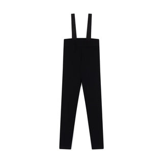 Black suspender-style leggings with two adjustable suspender straps
