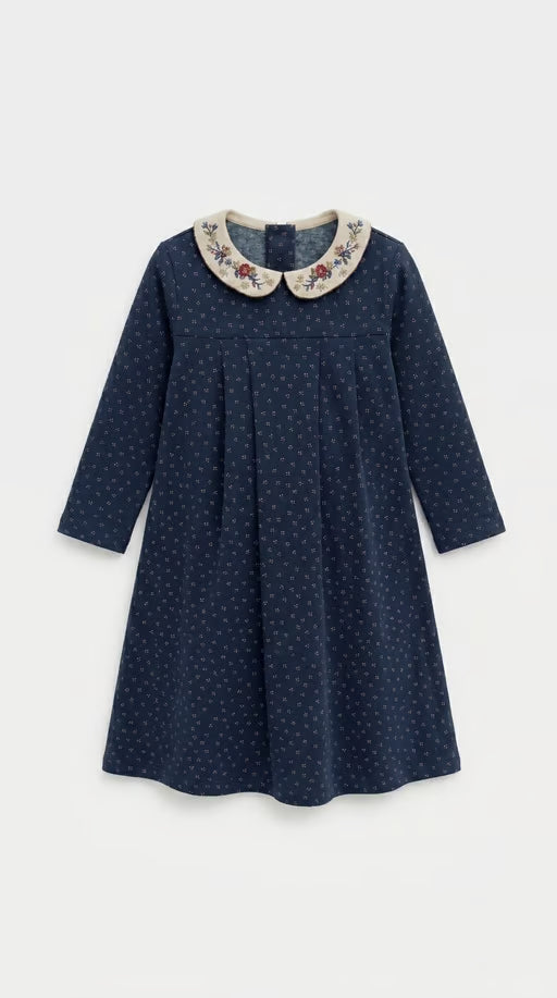 Navy baby dress with long sleeves, embroidered Peter Pan collar, small floral print
