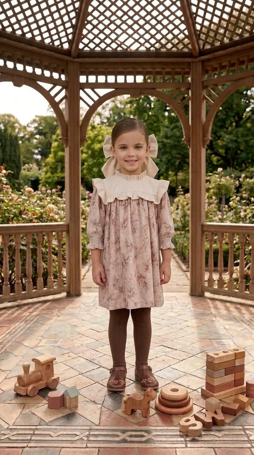 Pink velour toddler dress with square bib and ruffled neckline, long sleeves