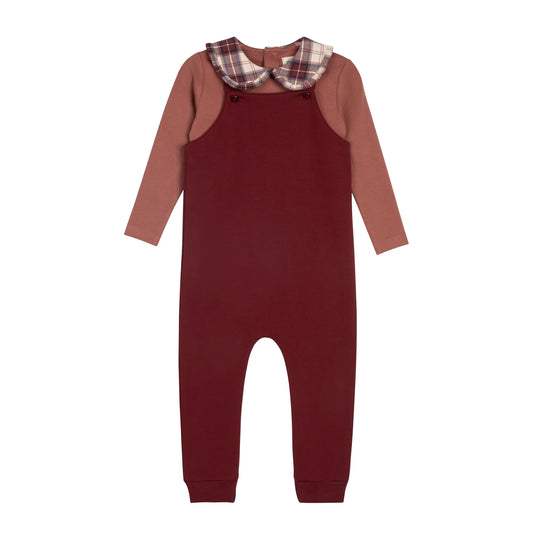Burgundy overalls with red plaid collar and long-sleeve bodysuit