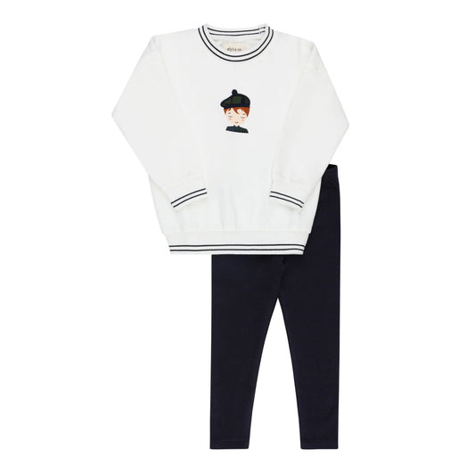Kids French terry 2-piece set, ivory sweatshirt with navy pants and striped cuffs