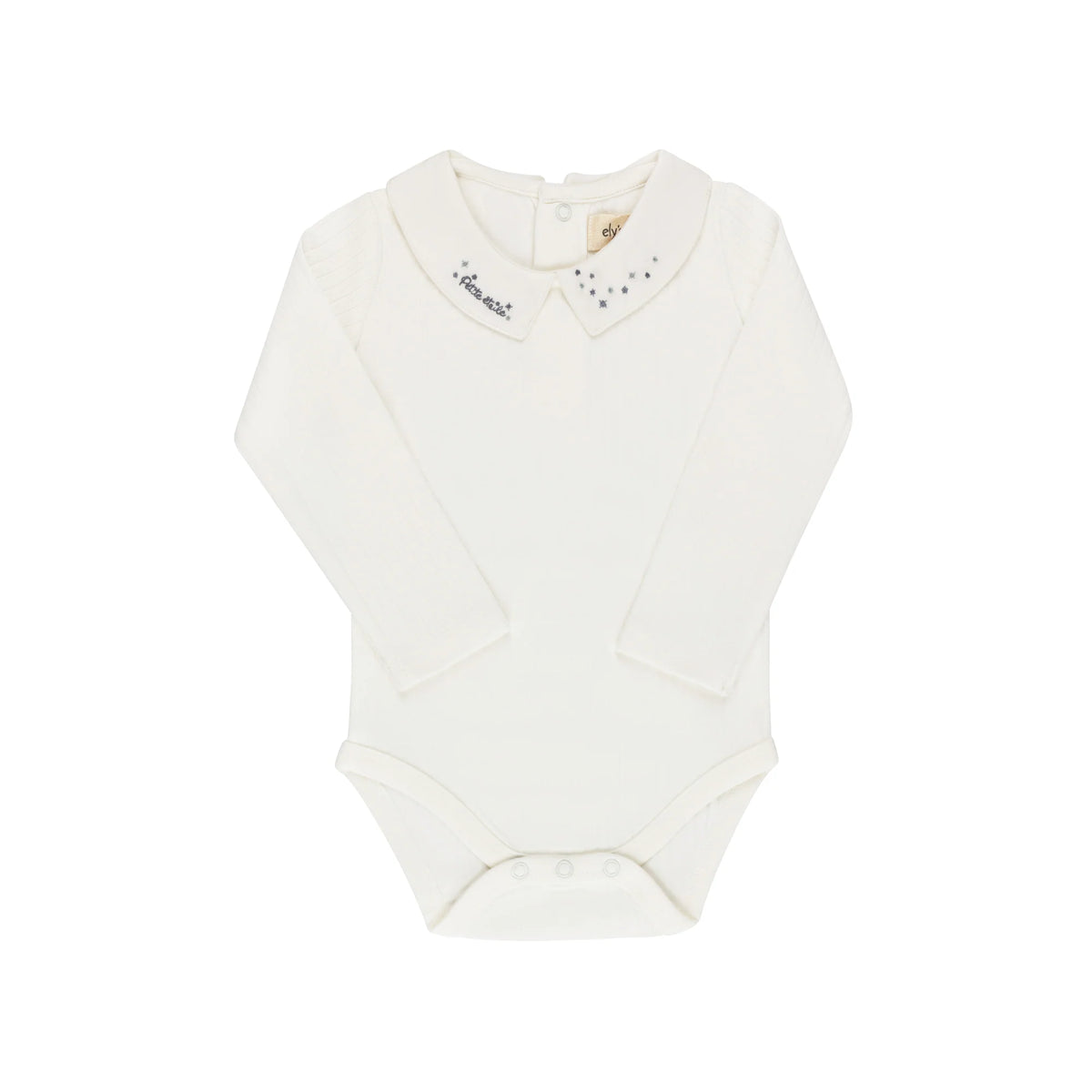 Cream long-sleeve knit bodysuit with small star embroidery at Peter Pan collar