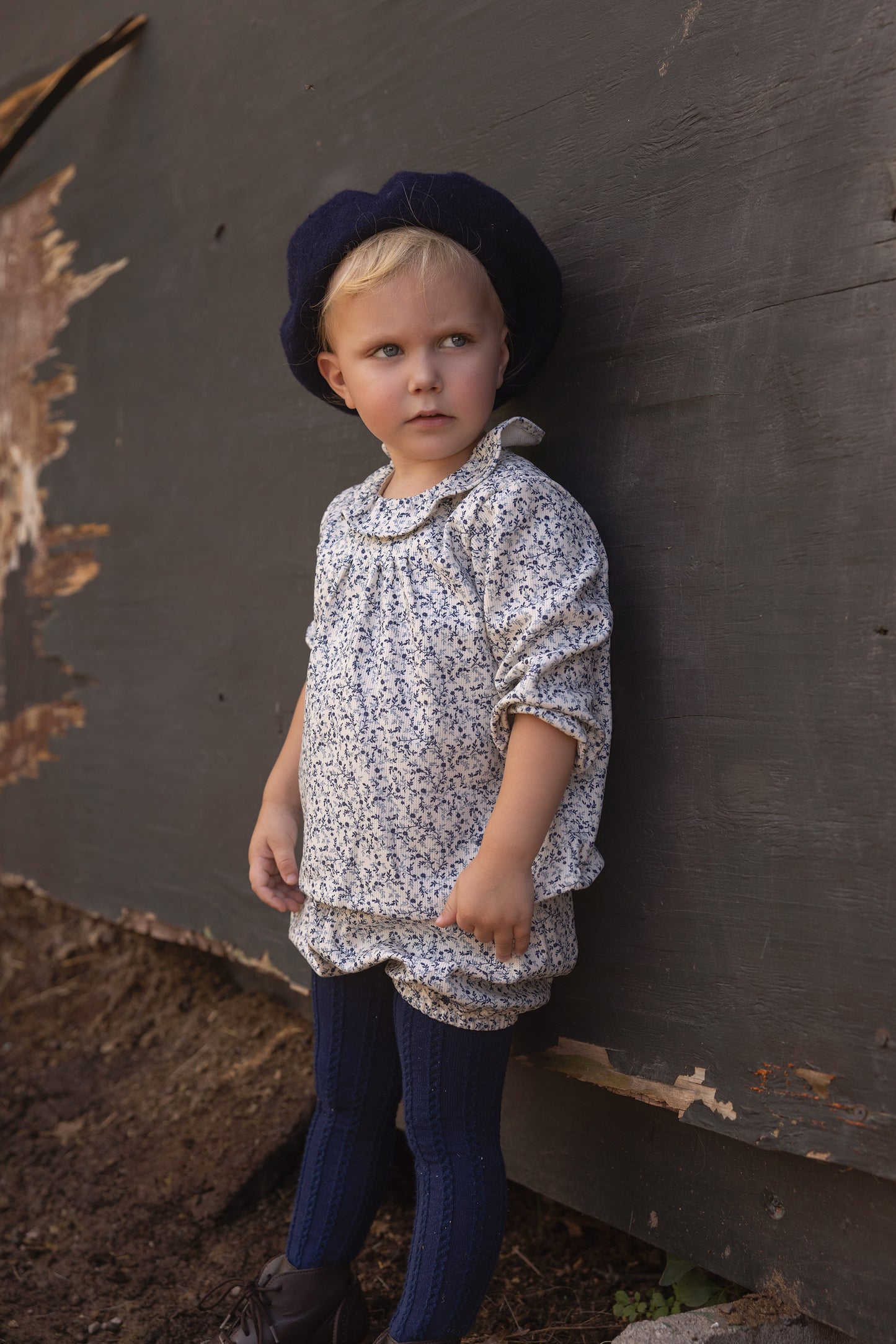 Corduroy Navy Print Girls Ruffle Top
