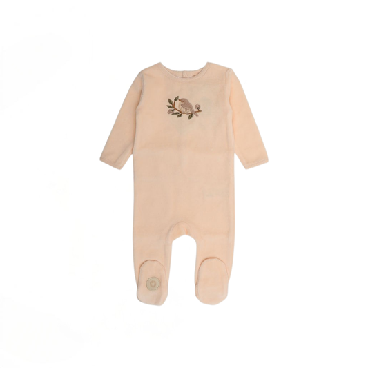 Peach long-sleeve footie with bird-and-branch chest graphic and snap foot closures