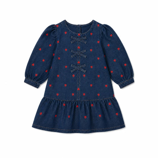 Navy denim dress with red heart print, long sleeves, button placket and tiered skirt