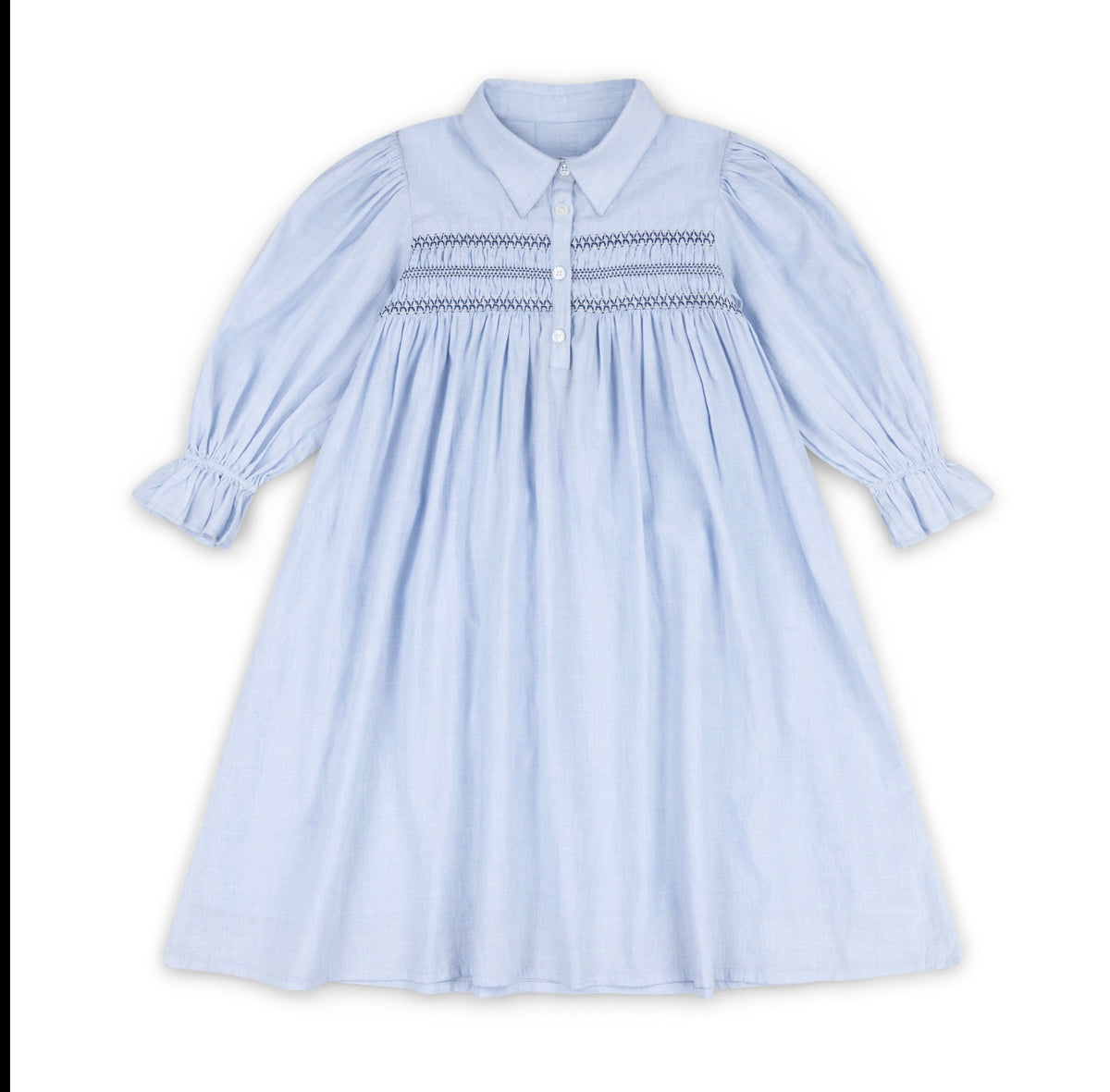 Light blue smocked dress with button-front and long sleeves