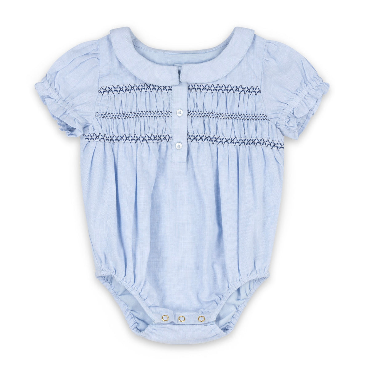 Light blue smocked short-sleeve romper with button front and gathered yoke