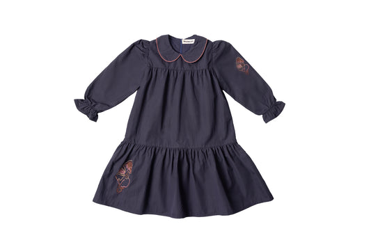Navy long-sleeve tiered dress with peter pan collar and botanical embroidery accents