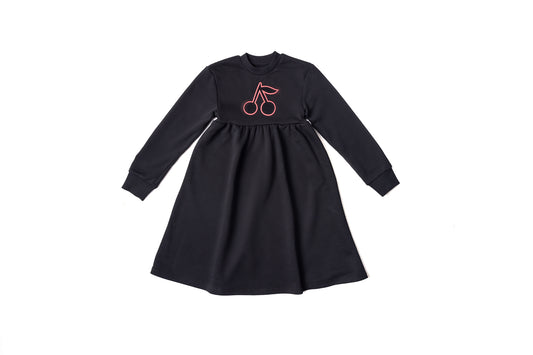 Black long-sleeve dress with gathered skirt and red bow graphic at chest