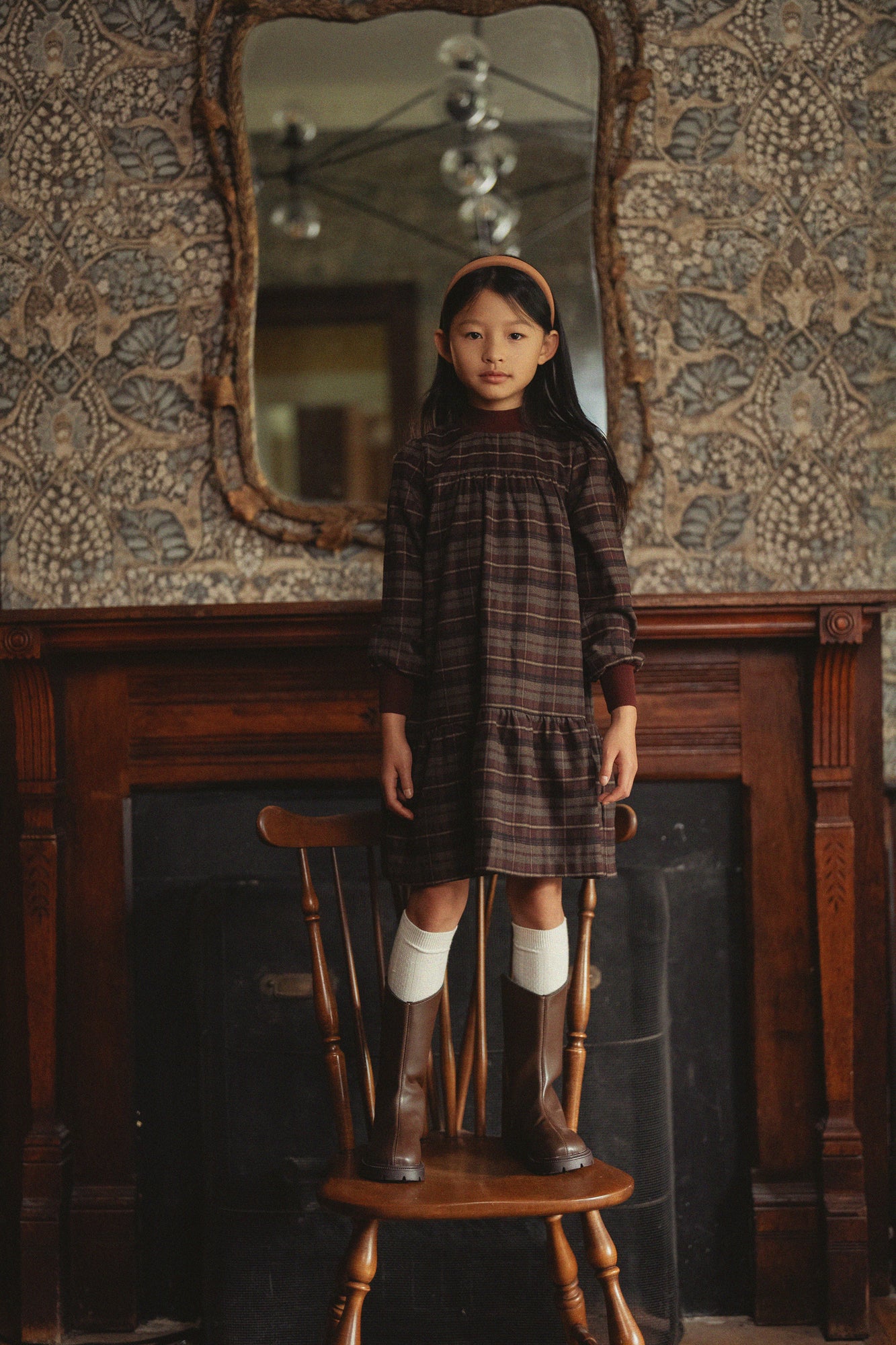 Girls Plaid Dress With Knit Mock Neck & Cuff
