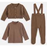Baby boy knit cardigan and mock neck set with matching brown overalls, button-front top