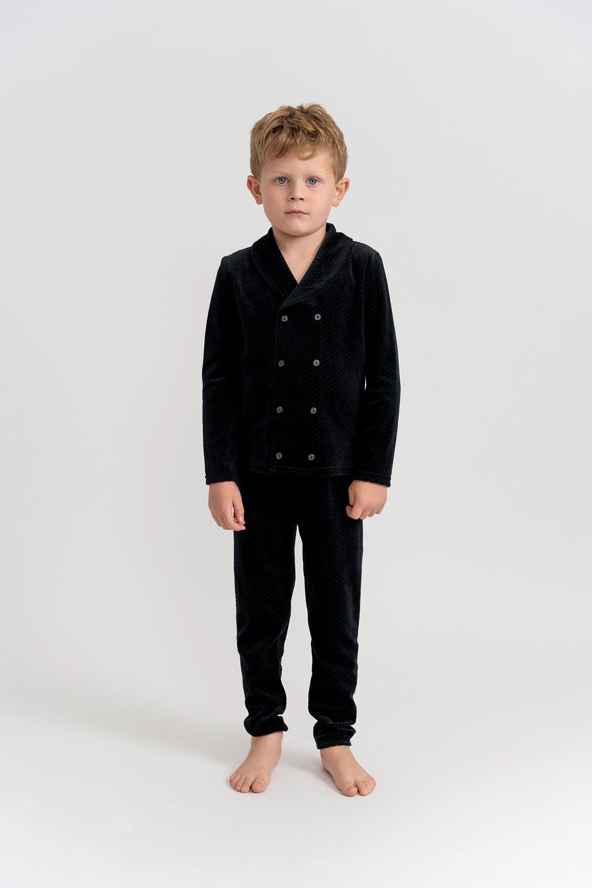 Kids' black dot velour pajama set with button-front long-sleeve top and pants