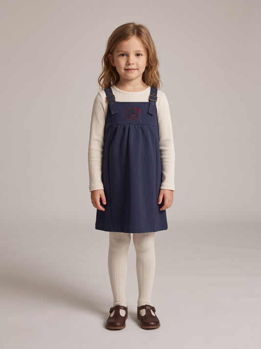 Navy embroidered bear jumper dress with front panel and shoulder straps