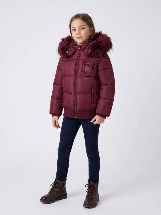 Plum kids puffer jacket with sherpa-lined collar and leather patch front pockets