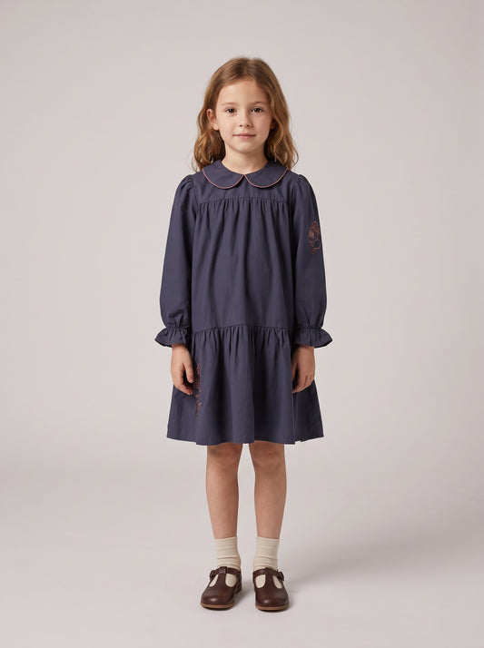 Navy long-sleeve dress with Peter Pan collar and gathered tiered skirt