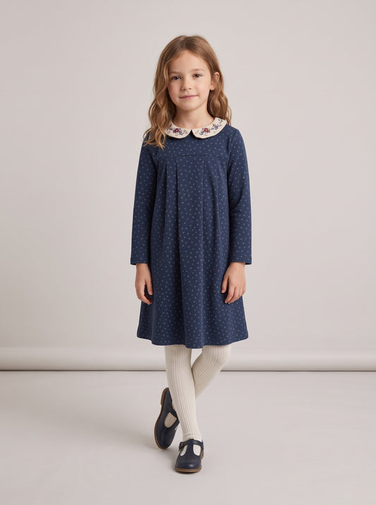Girls embroidered-collar printed navy dress with loosely pleated skirt