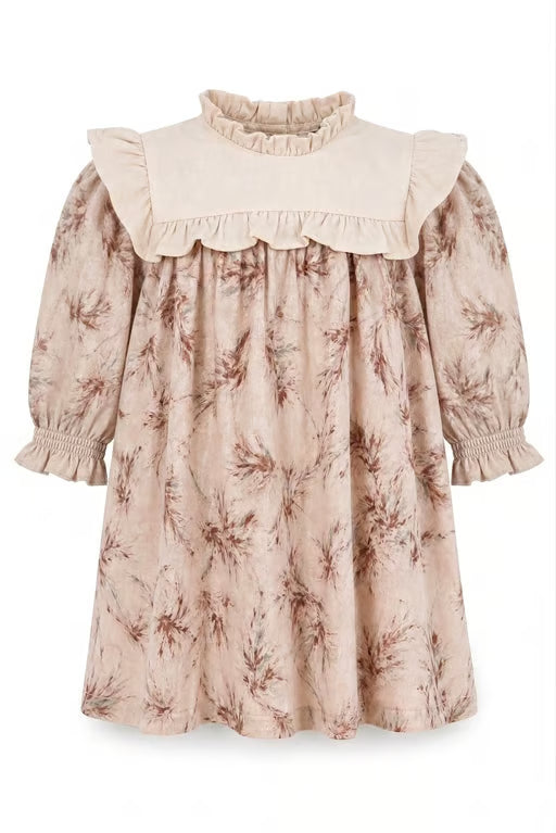 Pink velour dress with square white bib, ruffle collar and puff sleeves