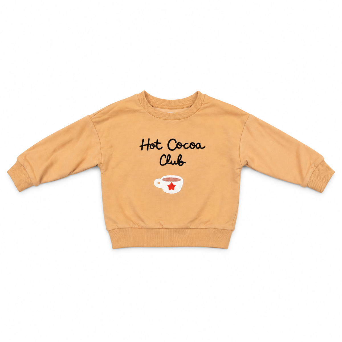 Cocoa Club sweatshirt in tan with “Hot Cocoa Club” hot cocoa logo graphic print