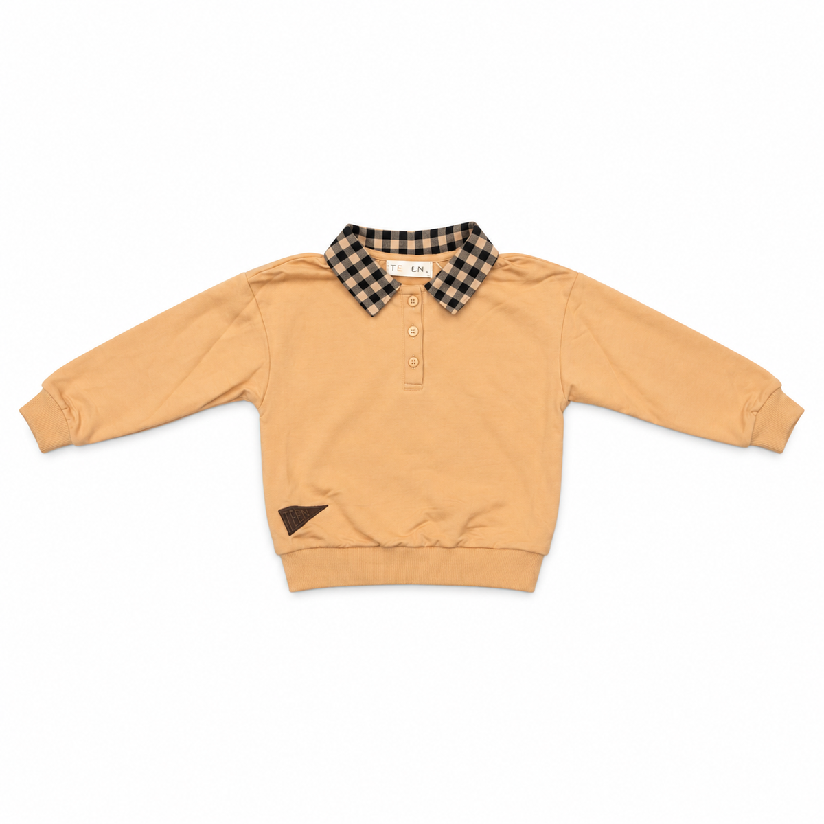 Tan long-sleeve polo shirt with checked collar and button placket, chest logo patch