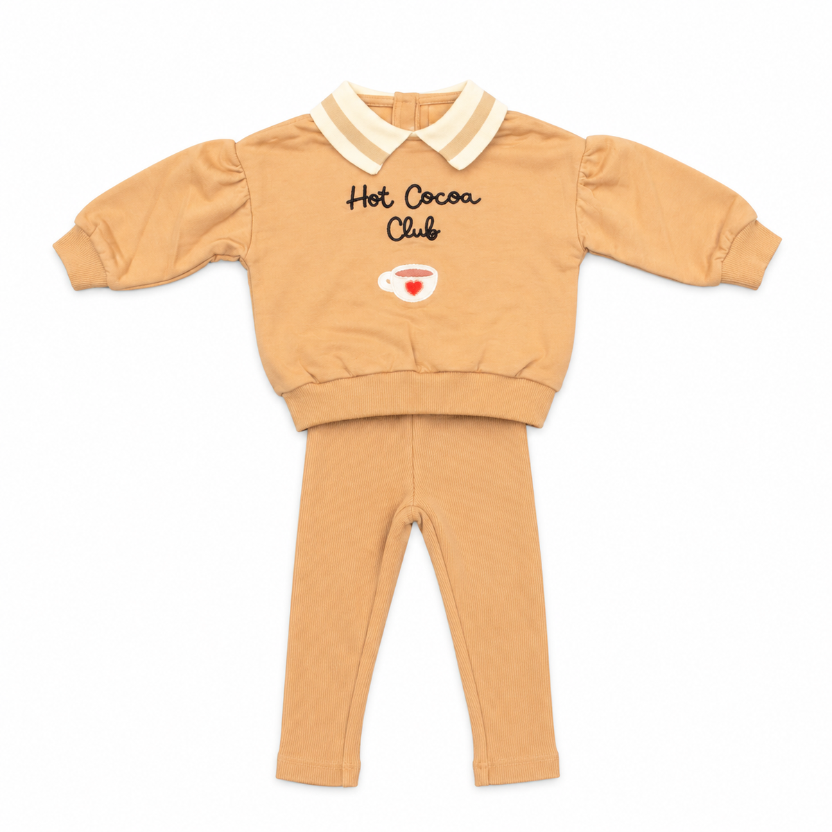 Tan baby girl sweatshirt and leggings set, ribbed collar, 'Hot Cocoa Club' graphic