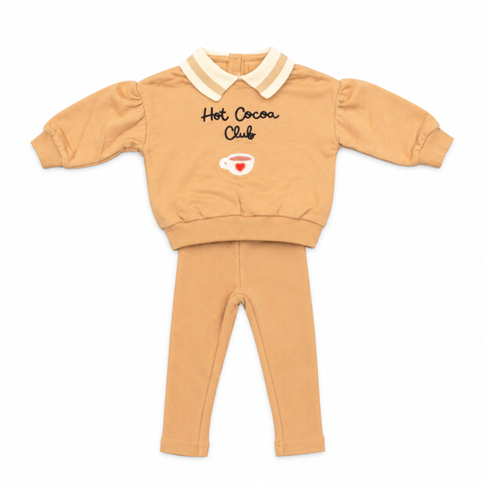 Tan baby girl sweatshirt and leggings set, ribbed collar, 'Hot Cocoa Club' graphic