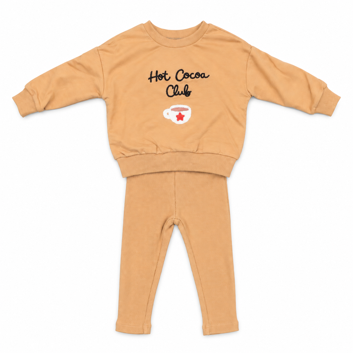 Cocoa Club baby boy set in tan: sweatshirt with Hot Cocoa Club graphic and matching leggings