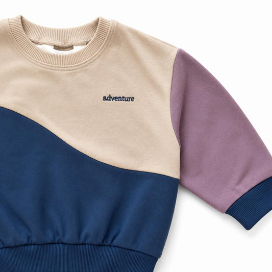 Colorblock crewneck sweatshirt with cream, purple, and navy panels; ribbed cuffs.
