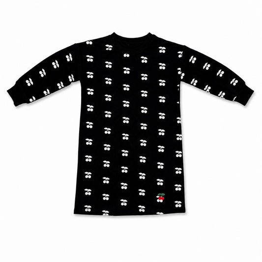 Black long-sleeve dress with small white cherry print