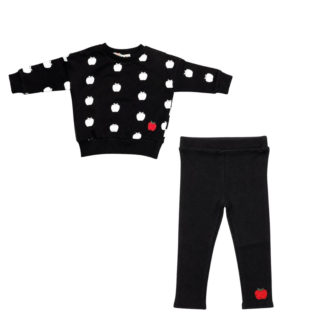 Kids black apple print sweatshirt and dark pants set, red apple patch on pants