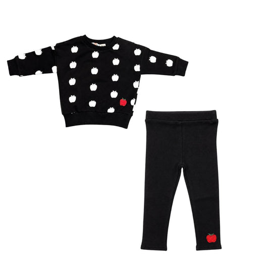 Kids black apple print sweatshirt and dark pants set, red apple patch on pants