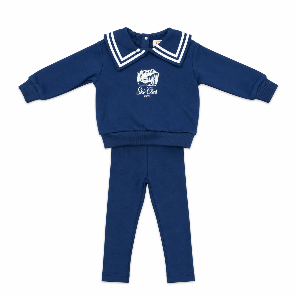 Navy ski club set: long-sleeve sweater with striped collar and matching pants