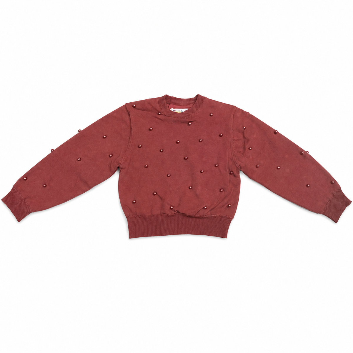 Burgundy studded knit top with crew neck, long sleeves, all-over small studs