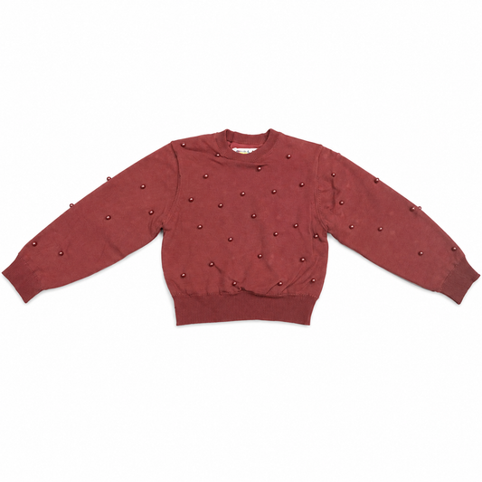 Burgundy studded knit top with crew neck, long sleeves, all-over small studs