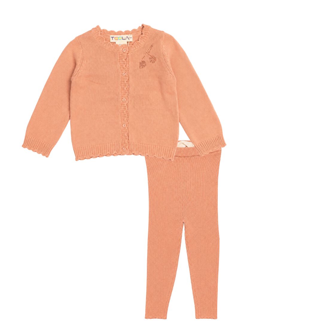 Salmon knit cardigan and leggings set, button-front top with matching skinny pants