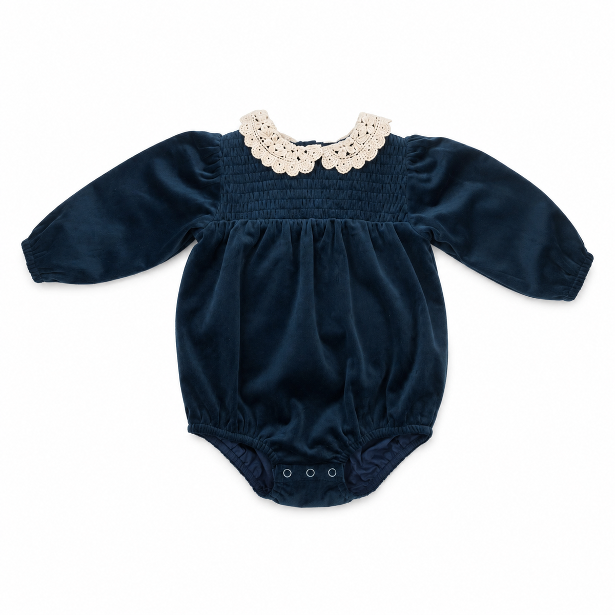 Navy velvet romper with long puff sleeves, lace Peter Pan collar, and snap crotch