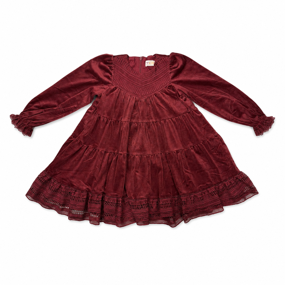 Burgundy long-sleeve tiered dress with smocked neckline and lace trim