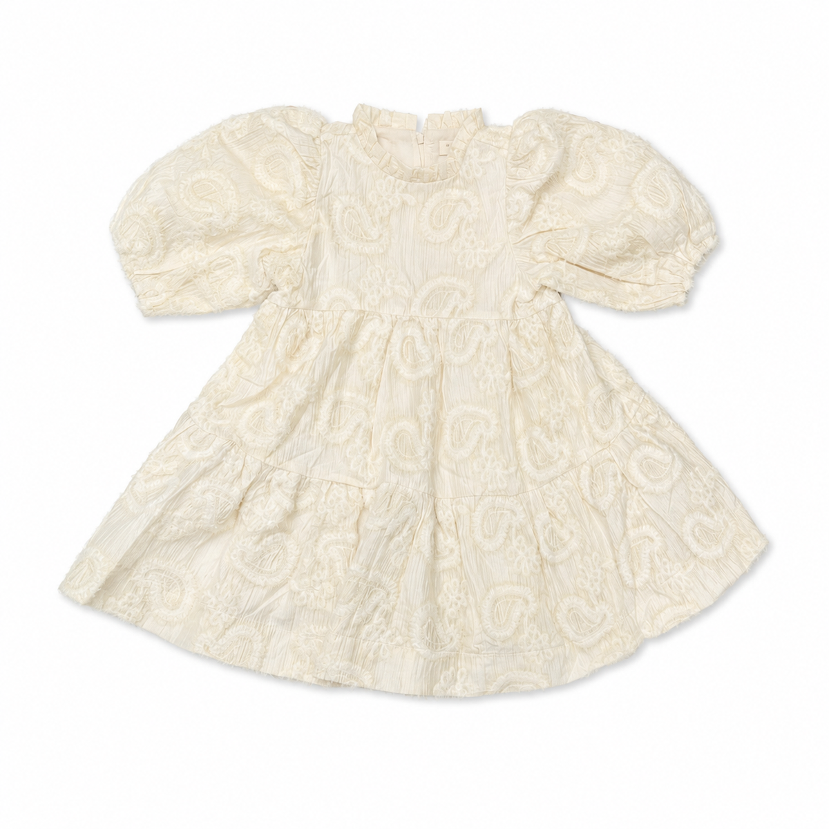 Cream patterned dress with puff sleeves and gathered bodice
