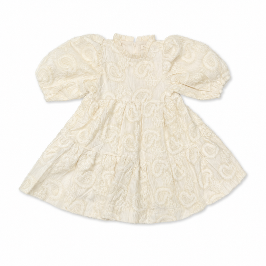 Cream patterned dress with puff sleeves and gathered bodice