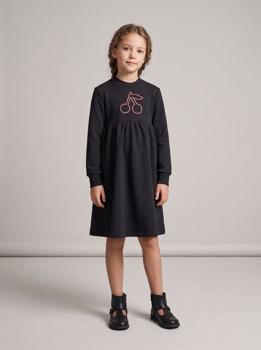 Girls' black long-sleeve dress with red bicycle graphic on the chest
