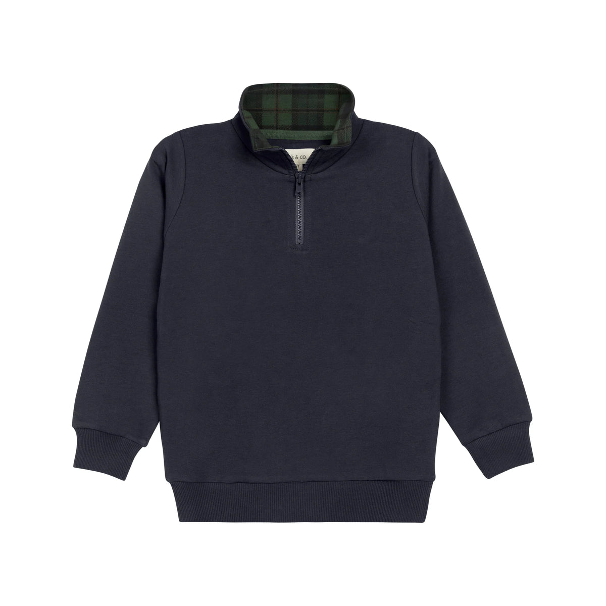 Dark navy French terry half-zip pullover with long sleeves and stand collar