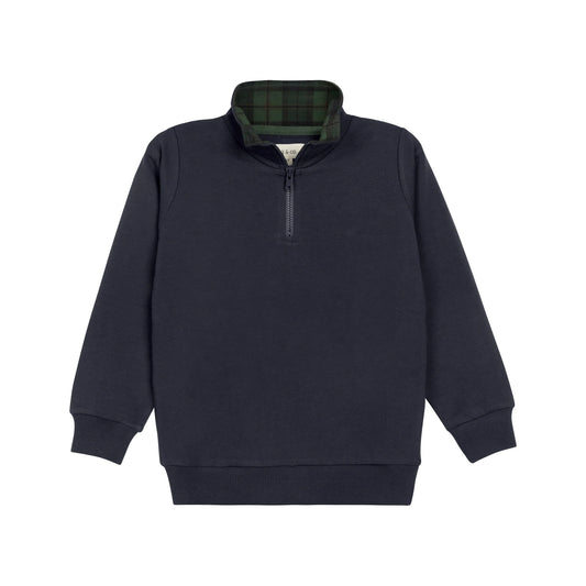 Dark navy French terry half-zip pullover with long sleeves and stand collar