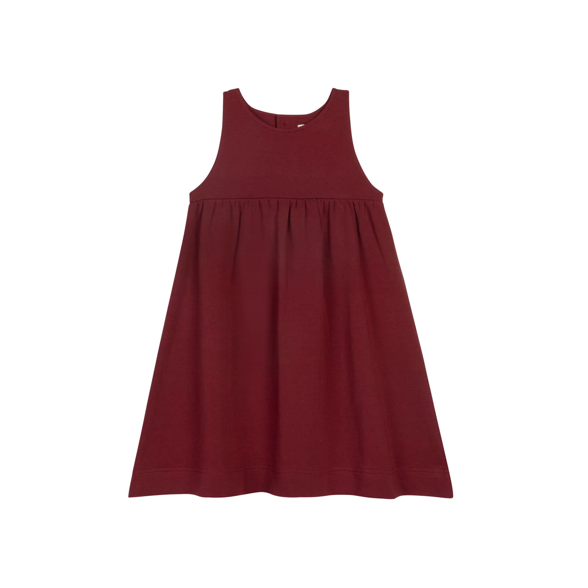 Sleeveless French terry jumper dress in dark red with gathered skirt