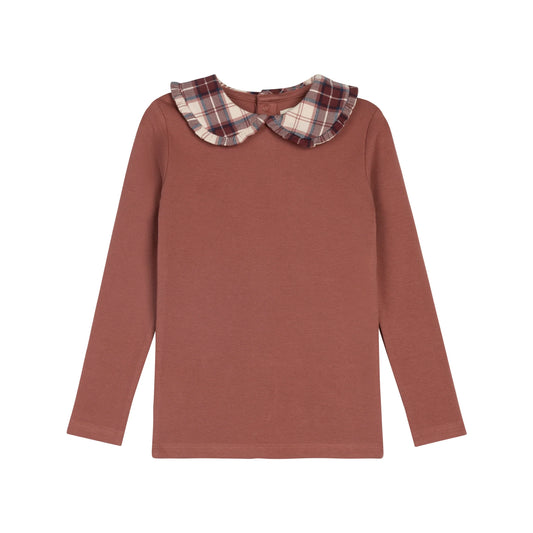 Long-sleeve t-shirt with plaid yoke collar, dusty rose