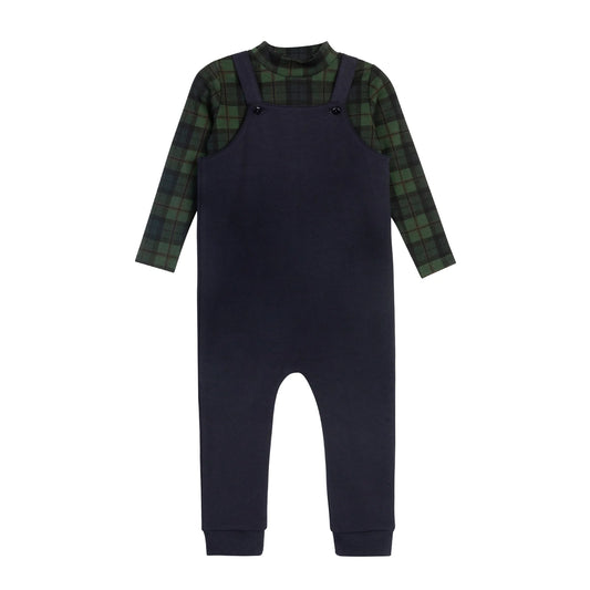 Navy overalls with green plaid long-sleeve bodysuit