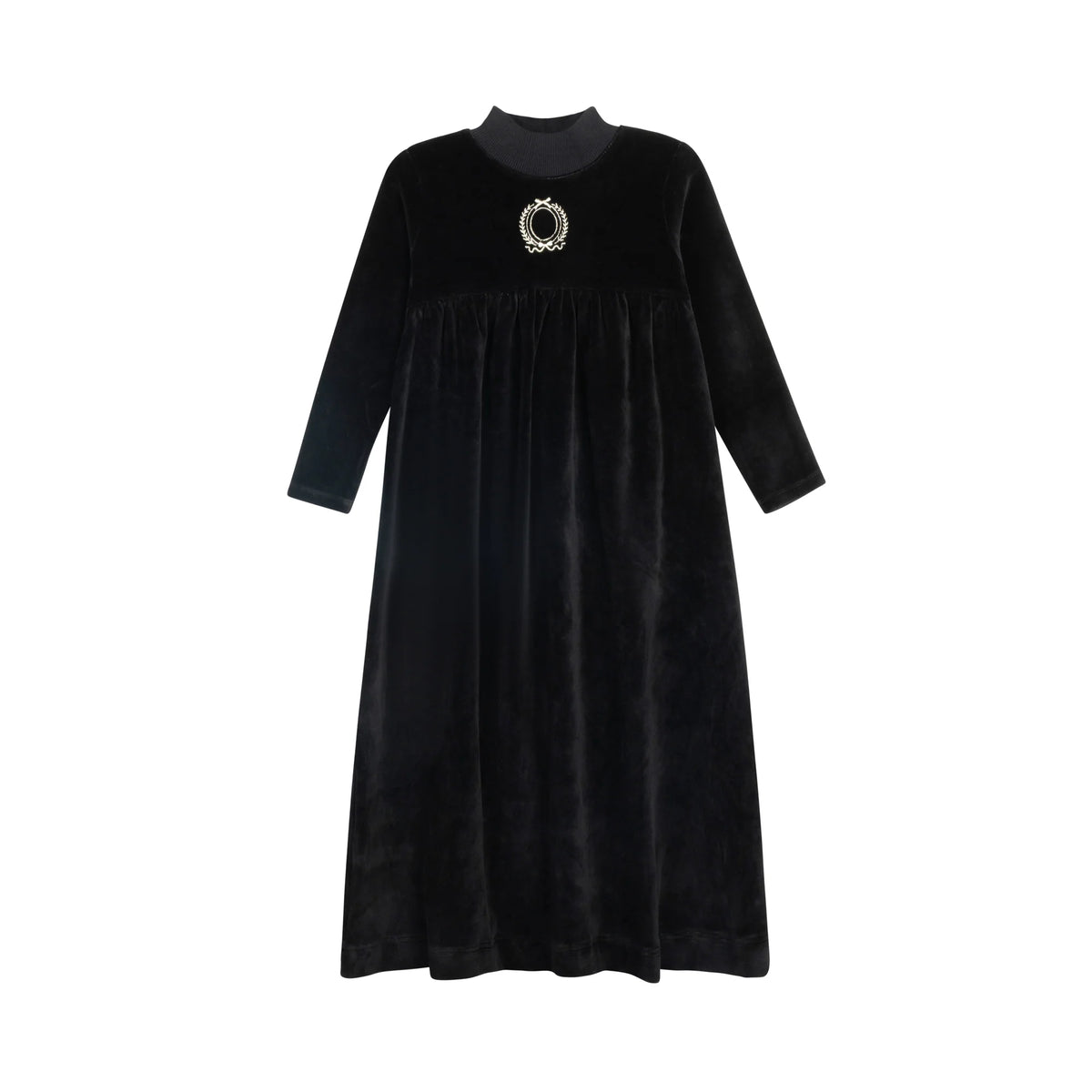 Black long-sleeve robe with round metallic crest emblem at chest
