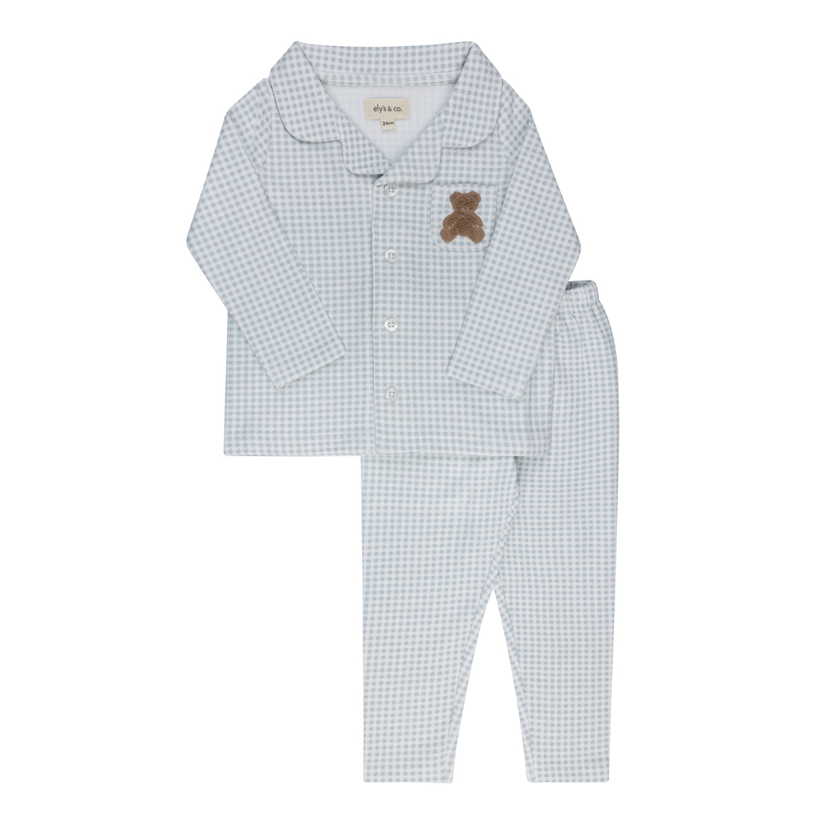 Blue gingham teddy pajama set with button-up shirt, long sleeves, and matching pants