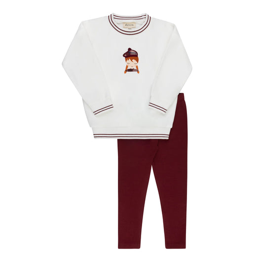 Kids French terry 2-piece set, ivory sweatshirt with maroon pants and striped cuffs