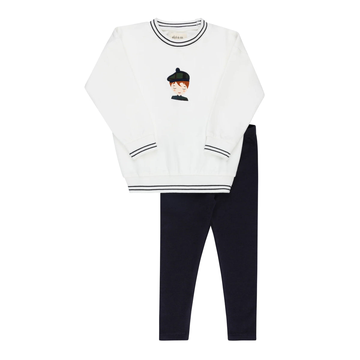 Kids French terry 2-piece set, ivory sweatshirt with navy pants and striped cuffs
