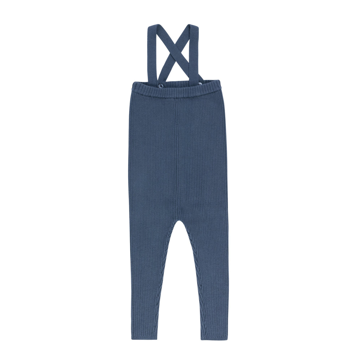 Blue knit overalls with crossed back straps and long pant legs