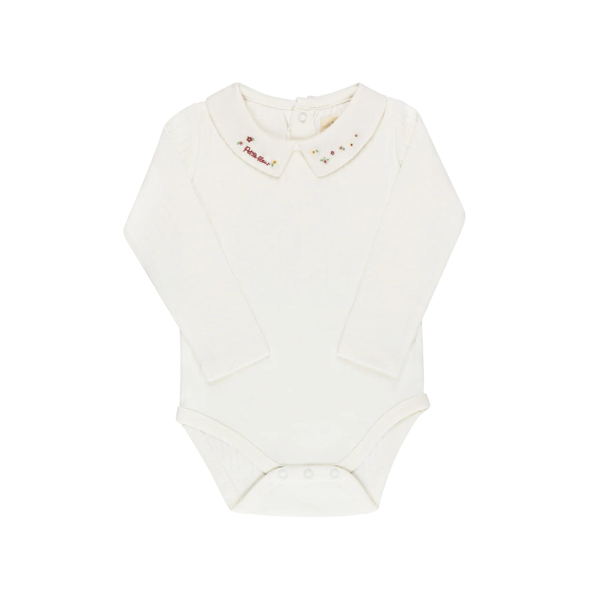 Cream long-sleeve knit bodysuit with colorful floral star embroidery on Peter Pan collar